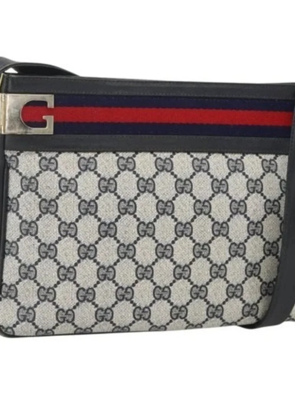 GUCCI Sherry Line GG Supreme Shoulder Bag PVC Navy Gold Red Auth ka3504A
